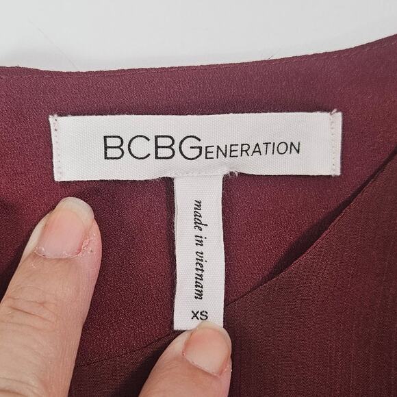 BCBGeneration Women XS Burgundy Chiffon Sheer Bell Sleeve Ruffle Top Indie/Boho - Picture 7 of 10
